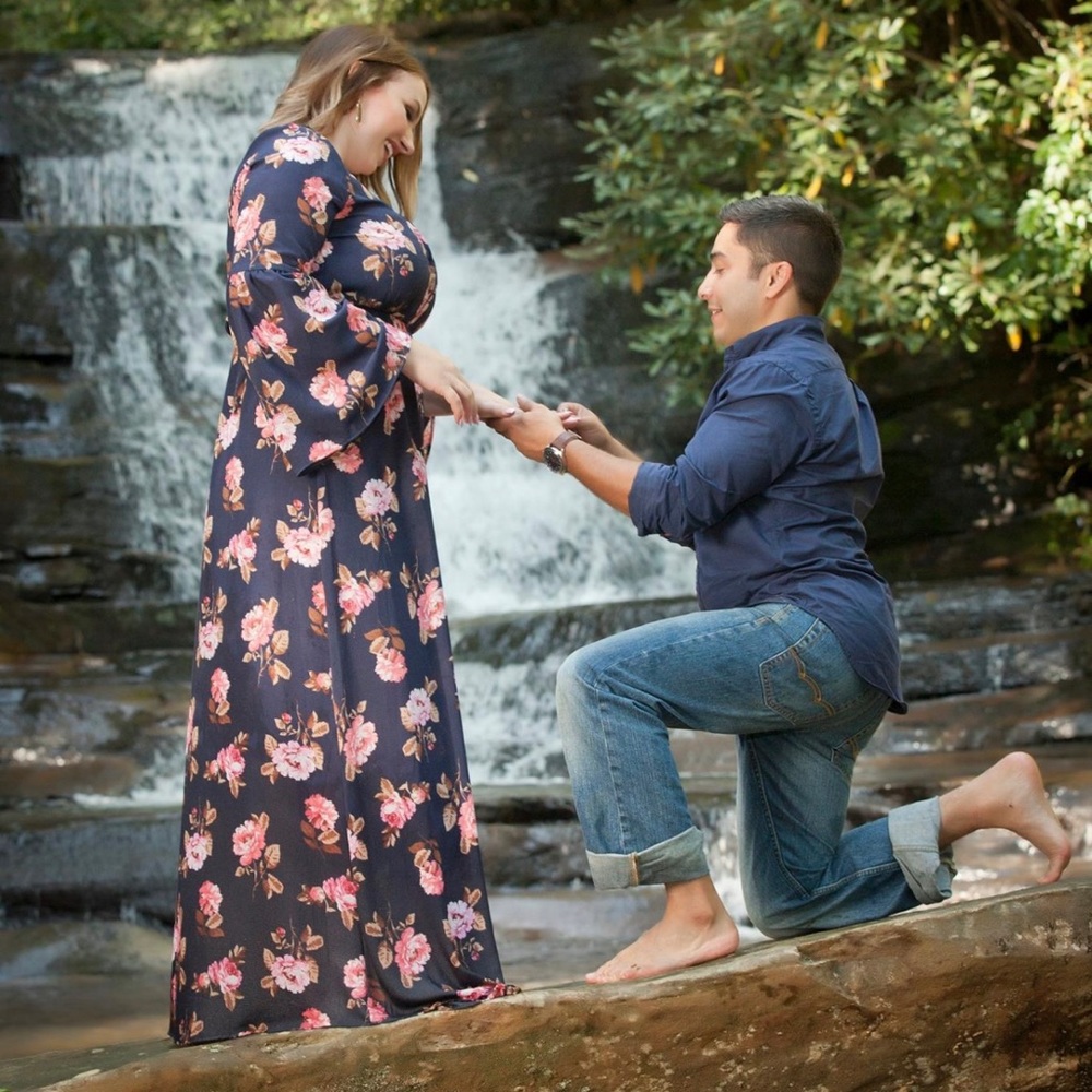 Women’s Navy & Pink Floral Maxi Dress With Bell Sleeves. Low Cut With A Slit.